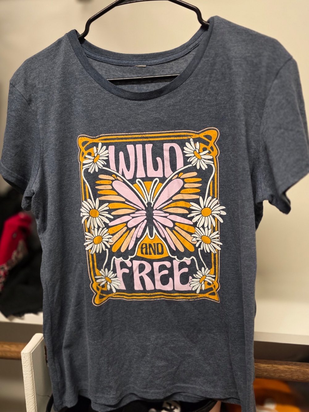 Womens' "Wild and Free" Graphic Tee - Navy with Pink & Yellow Design